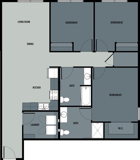 Floor plan for 3 beds, 2 baths, 1240 sqft